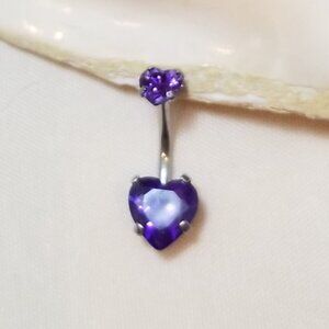 14G Surgical Steel belly ring with purple heart CZ prong set piercing jewelry